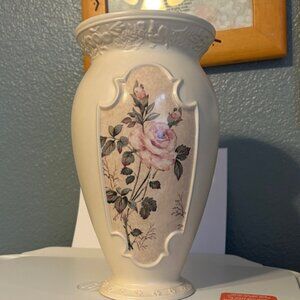 Floral Cream Vase with Pink Rose Design